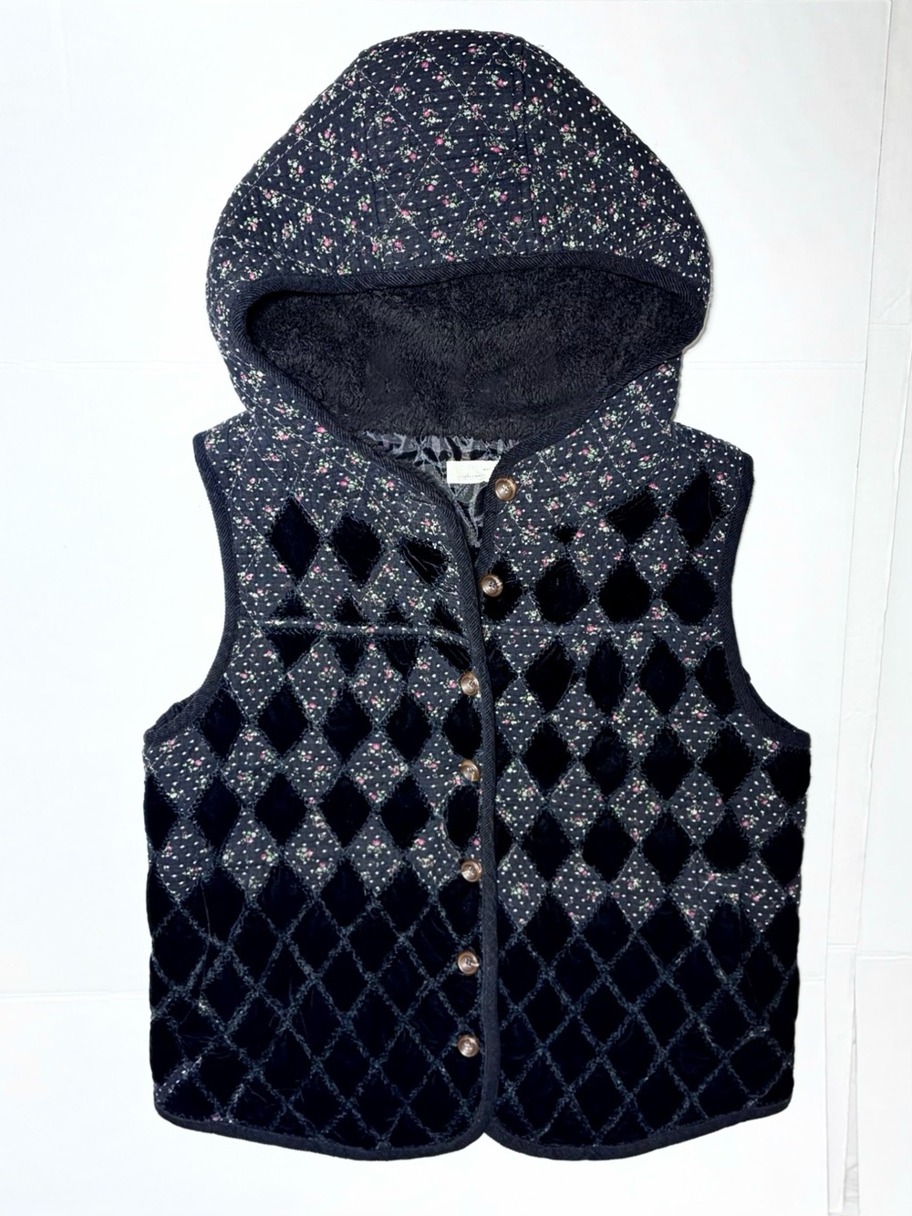 Quilted Velvet Floral Patchwork Hooded Vest